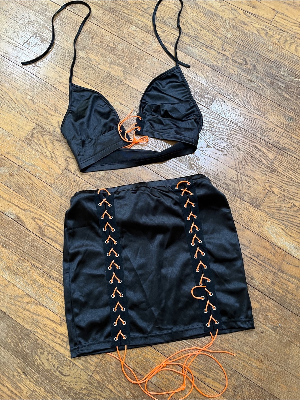 Shein M Black Two-Piece Satin Lace-Up Set with Orange Cord Accents